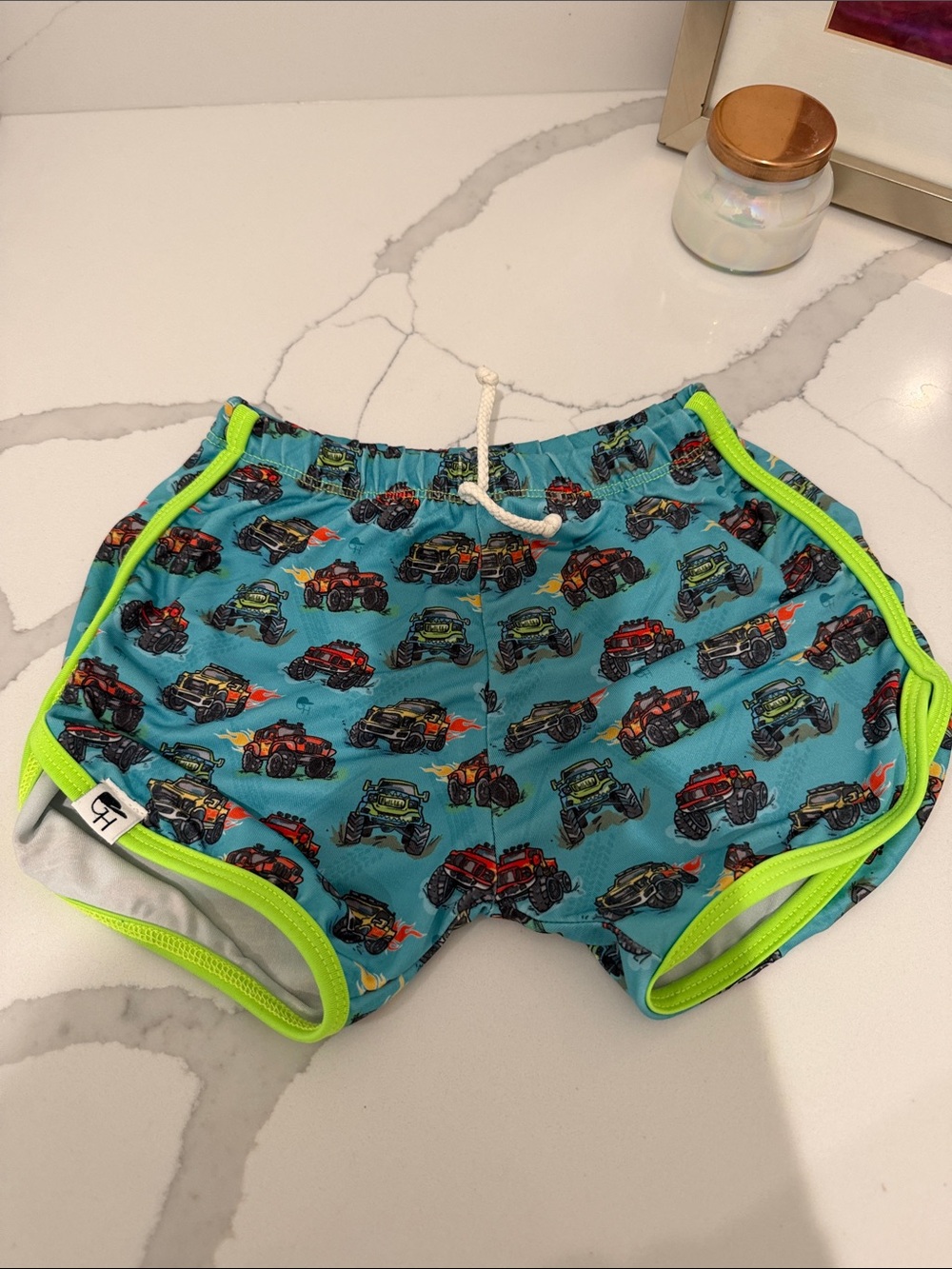 Kids Neon-Trim Blue Monster Truck Swim Trunks